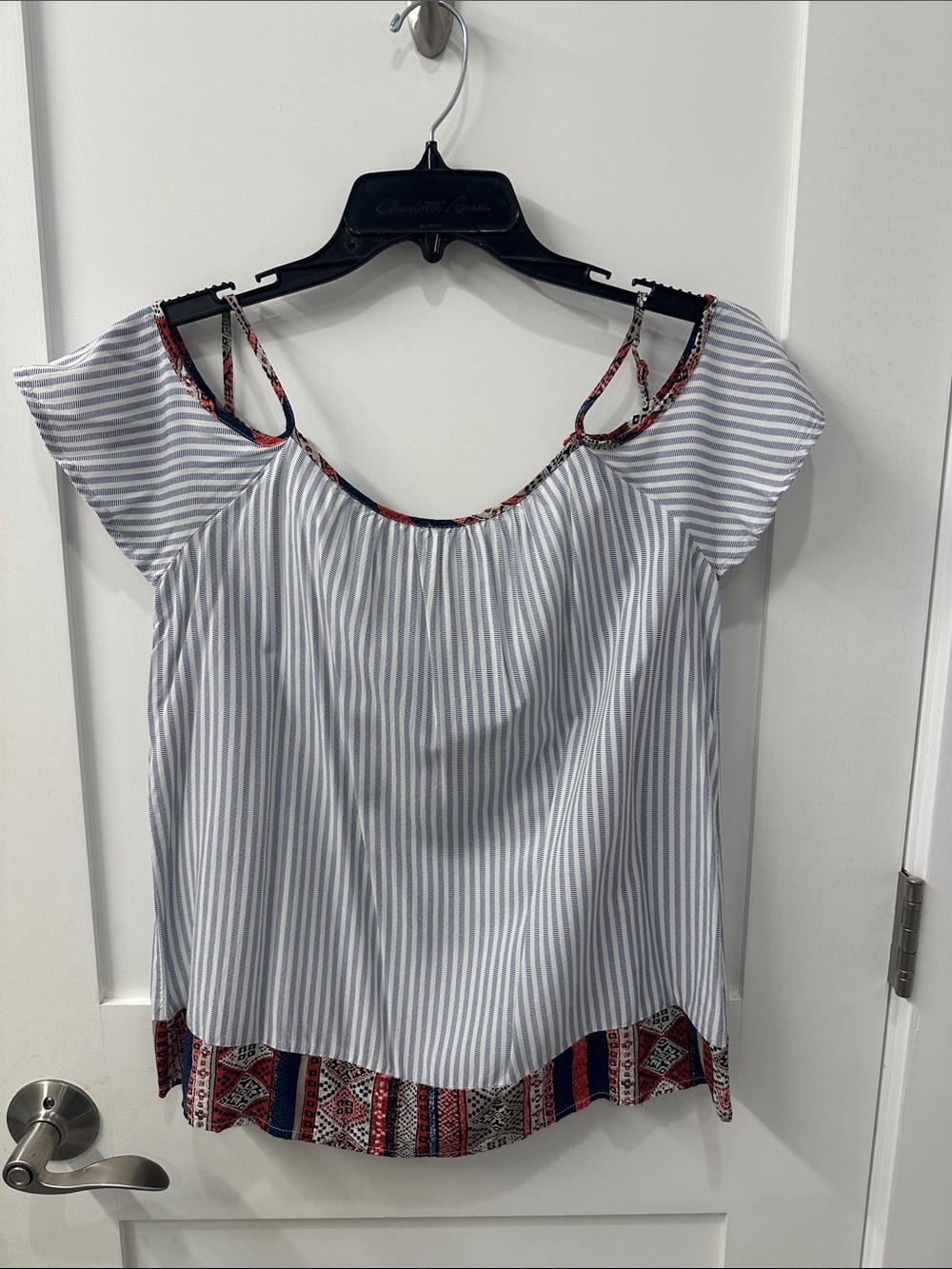 THML Blue and White Striped Cold-Shoulder Camisole with Patterned Hem